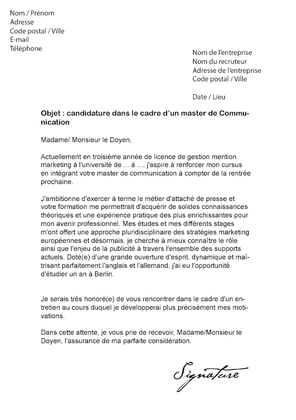 Lettre de motivation Master Communication - Modèle de Lettre