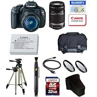 Canon EOS Rebel T3i w/EF-S 18-55mm IS II Lens + Canon EF-S 55-250mm IS Lens + Mon-Tripod + Canon Battery + Deluxe Gadget Bag + 32GB