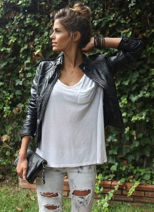 Leather jacket, white tee, ripped denims #hot