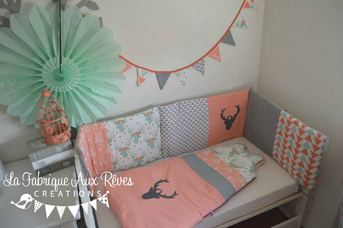 Decoration Chambre Bebe Mint Vert D Eau Corail Gris Hibou Etoiles Trophee Tete Cerf Gigoteuse Et Tour De Lit Bebe Decoration Chambre Enfant Liste De Naissance