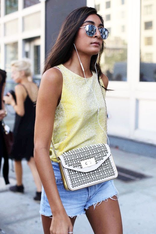 Le Fashion Blog Street Style Nyfw Round Mirrored Sunglasses Textured Yellow Sleeveless Top Embellished Crossbody Bag Via Fashionista
