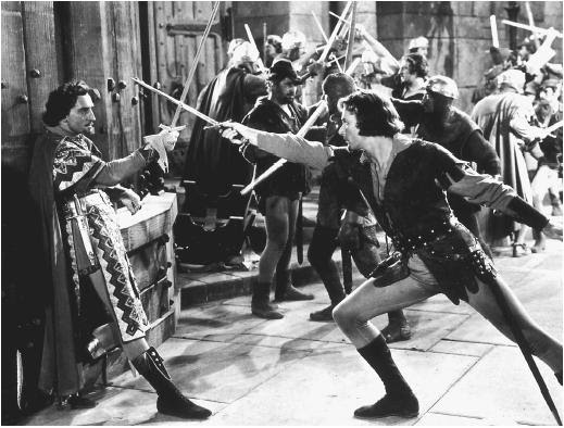 Basil Rathbone (left) and Errol Flynn (right) in The Adventures of Robin 