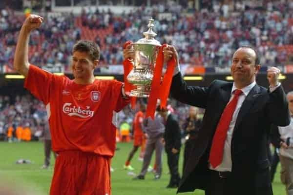 CARDIFF, WALES - SATURDAY, MAY 13th, 2006: Liverpool's Steven Gerrard and manager Rafael Benitez lift up the FA Cup after victory over West Ham United after the FA Cup Final at the Millennium Stadium. (Pic by Jason Roberts/Propaganda)