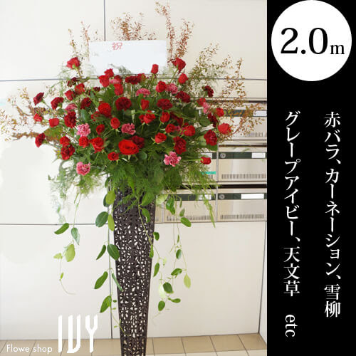 配達回収無料 籐スタンド花 赤バラ 雪柳 グレープアイビー 天文草他 新宿 花屋 Flowershopivy