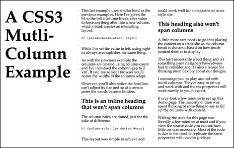 Screenshot from multi-column layout demo showing a column-break-after the heading in the leftmost column