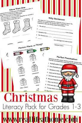 This Christmas literacy printables packet is free to download and contains eight pages of Christmas-themed language arts and grammar practice. | Real Life at Home