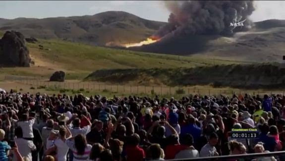 A view from the spectator viewing area of the second engine test of the SLS rocket booster, on June 28, 2016.