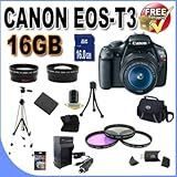 Canon EOS Rebel T3 12.2 MP CMOS Digital SLR with 18-55mm IS II Lens+58mm 2x Telephoto lens + 58mm Wide Angle Lens W/16GB SDHC Memory +Extra Battery/Charger+3 Piece Filter Kit+Case+Full Size Tripod+Accessory Kit
