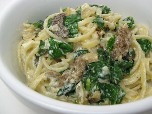 Fettuccine with Morels, Sunchokes, Ramps & Spinach
