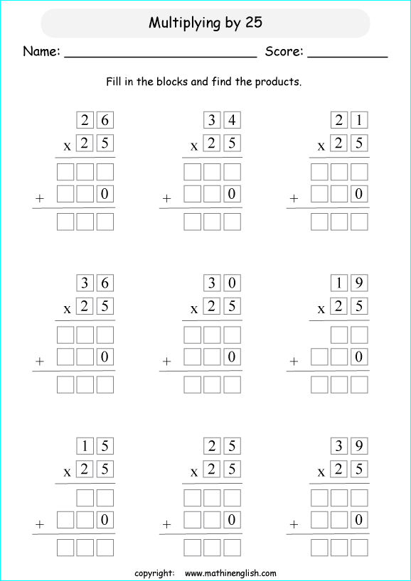 Multiply 2 digit numbers by 25 grade 4 and 5 ...