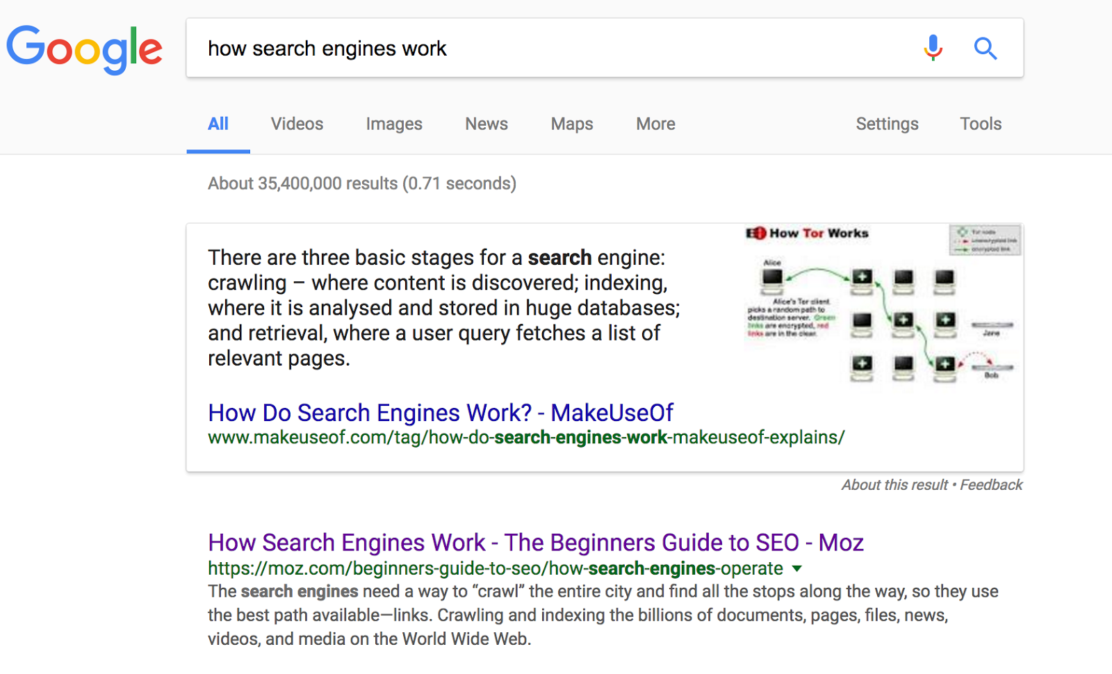 Screenshot: SERP & snippet for "how do search engines work"
