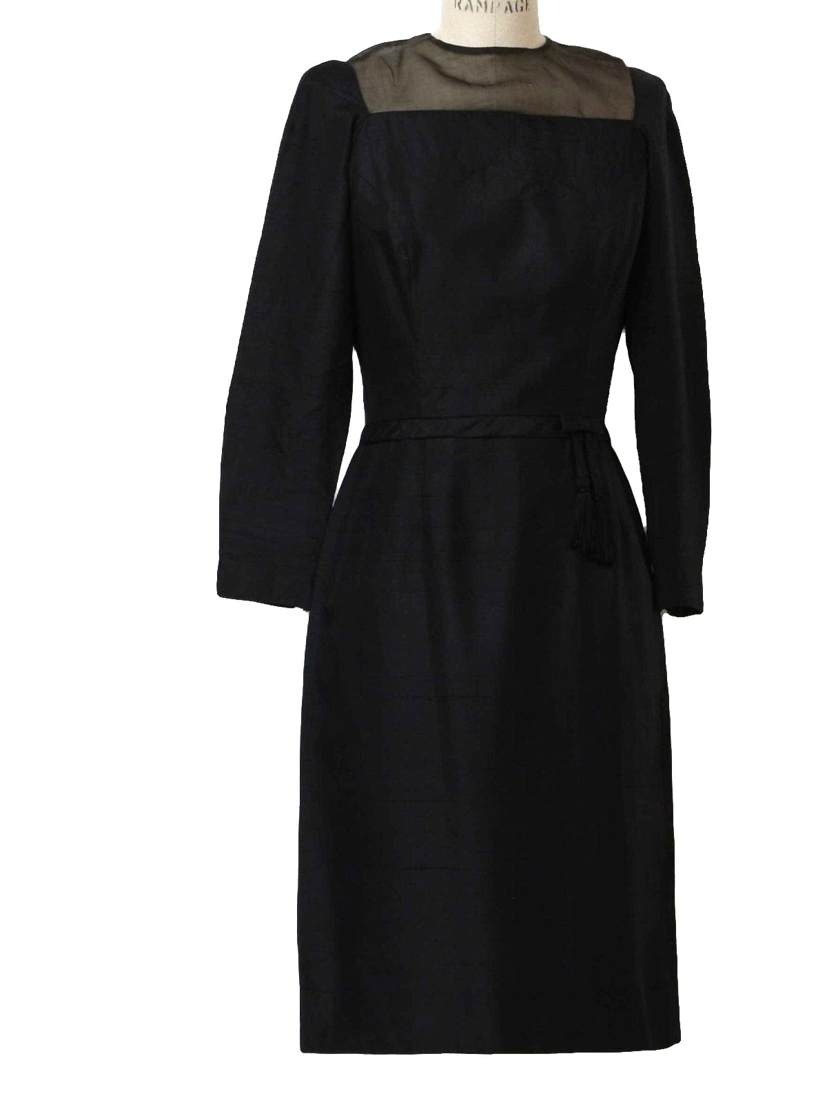 50s -Missing Label- Womens little black mid length raw silk flame ...