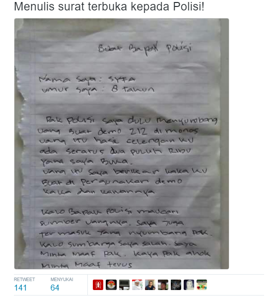 Menyentuh... Surat Gadis Kecil yang Ikut Sumbang Aksi 212 untuk Pak Polisi