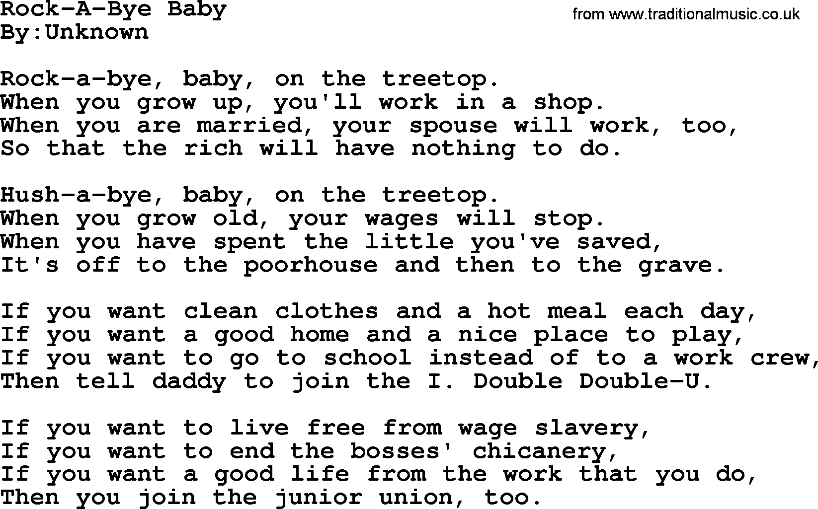 Rock A Bye Baby Political Solidarity Workers Or Union Song Lyrics