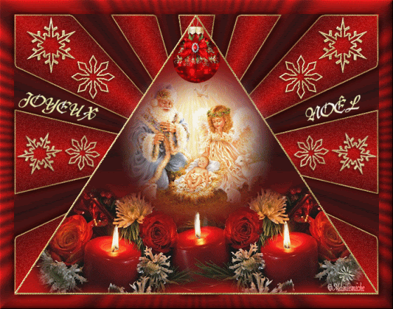 Joyeux Noël" - Crèche et bougies rouges...