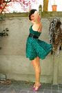 Green-dress-beige-tights-brown-cardigan-purple-shoes-black-coat