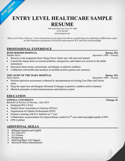 entry level healthcare resume  http