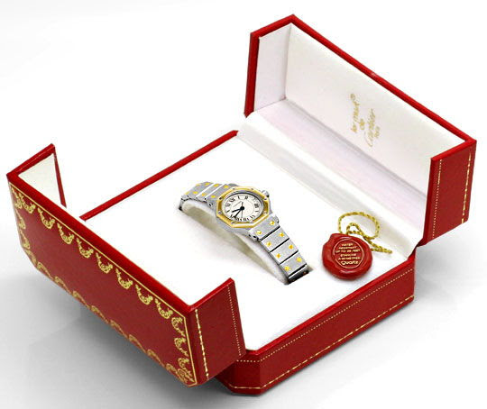 Original-Foto 6, CARTIER SANTOS RONDE -ECKIG DAMENUHR STAHL-GOLD