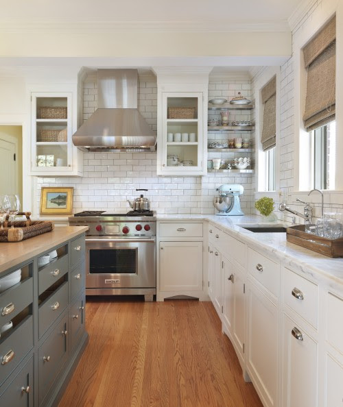 Taste Interior Design - kitchens - blue, gray, kitchen island, storage, butcher block, countertops, white, glass-front, kitchen cabinets, marble, countertops, subway tiles, backsplash, stainless steel, floating shelves, subway tile, subway tiled kitchen, subway tile backsplash, subway tiled kitchen backsplash,