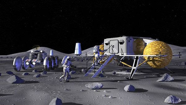 An artist's concept of a manned colony on the surface of the Moon.
