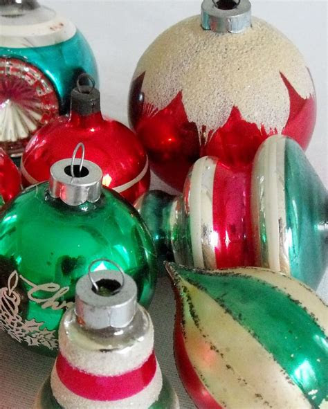 beautiful vintage glass ornaments  reds  greens
