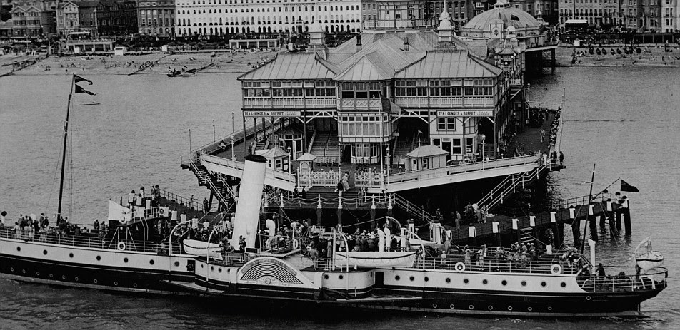 Passengers landing on Eastbourne Pier after a boat cruise in 1936. The paddle steamers took passengers to places like Folkestone, Sandown, Brighton, Hastings and even as far afield as Boulogne in France