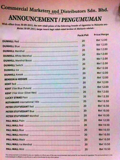 PRICE LIST Cigarette Prices Go Up To RM12, Effective Today