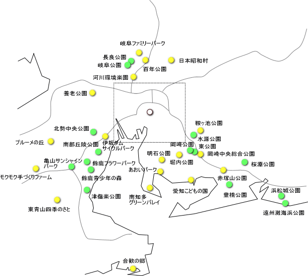 東海地方の公園 レジャーパークの地図