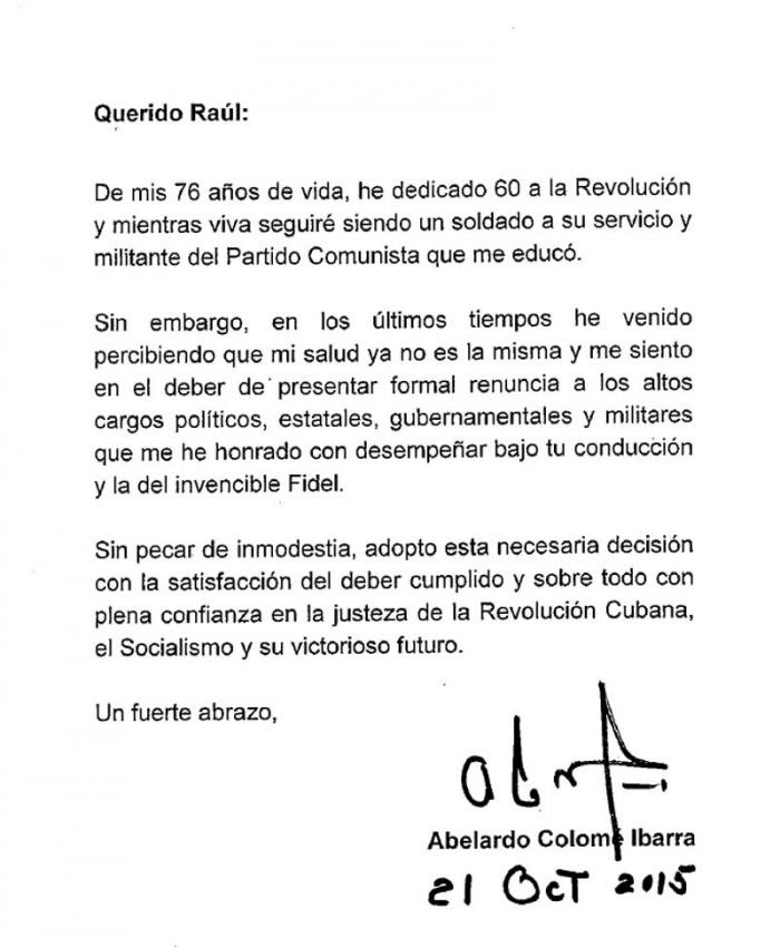 Carta de Abelardo Colomé Ibarra › Cuba › Granma - Órgano 