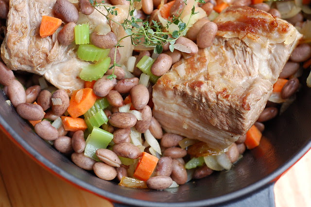 Pork belly, pinto beans, carrots, celery, onion, garlic and herbs await stock by Eve Fox, Garden of Eating blog, copyright 2011