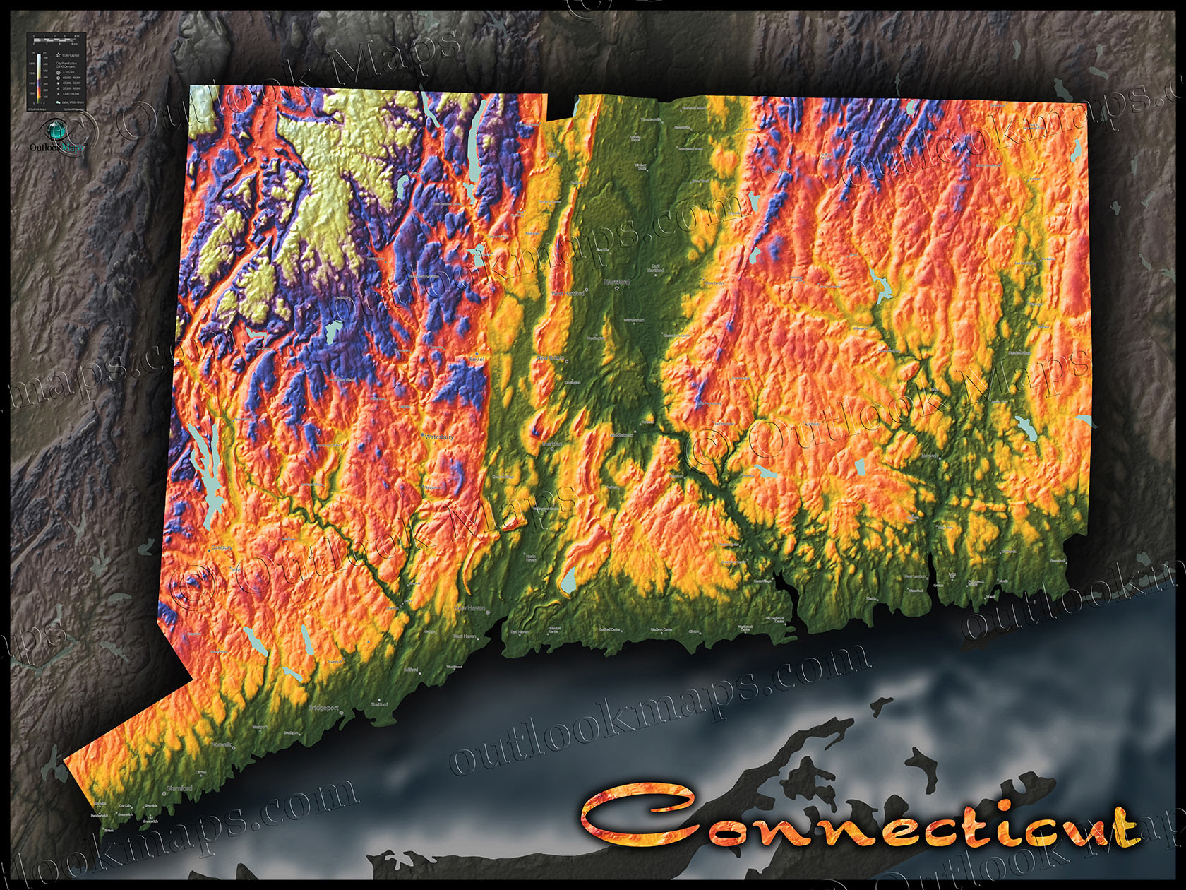 Connecticut Map | Colorful Topography of Physical Features
