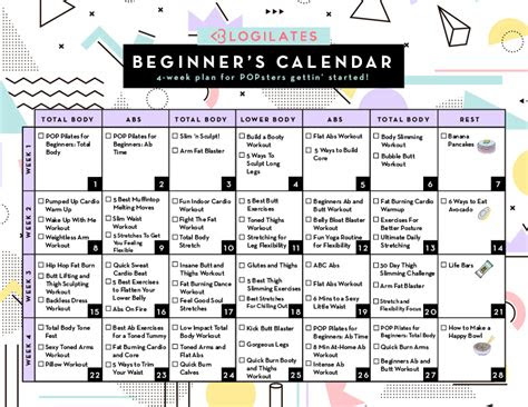 Sample month (click to open a larger view): a 28 day workout calendar for beginners blogilates blogilates