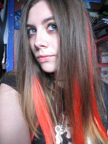 red hair with blonde underneath. dark brown hair with londe