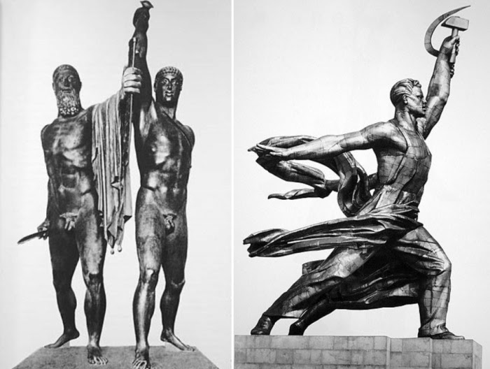 Слева – Тираноборцы. V в. до н. э. Справа – скульптура Веры Мухиной *Рабочий и колхозница* | Фото: vivovoco.ibmh.msk.su