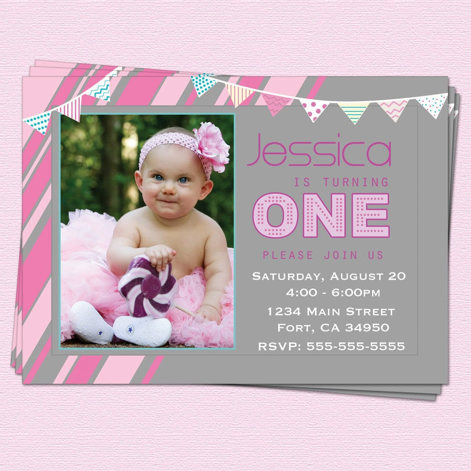 1st Birthday Invitations Girl Modern One Year by CupcakeDream