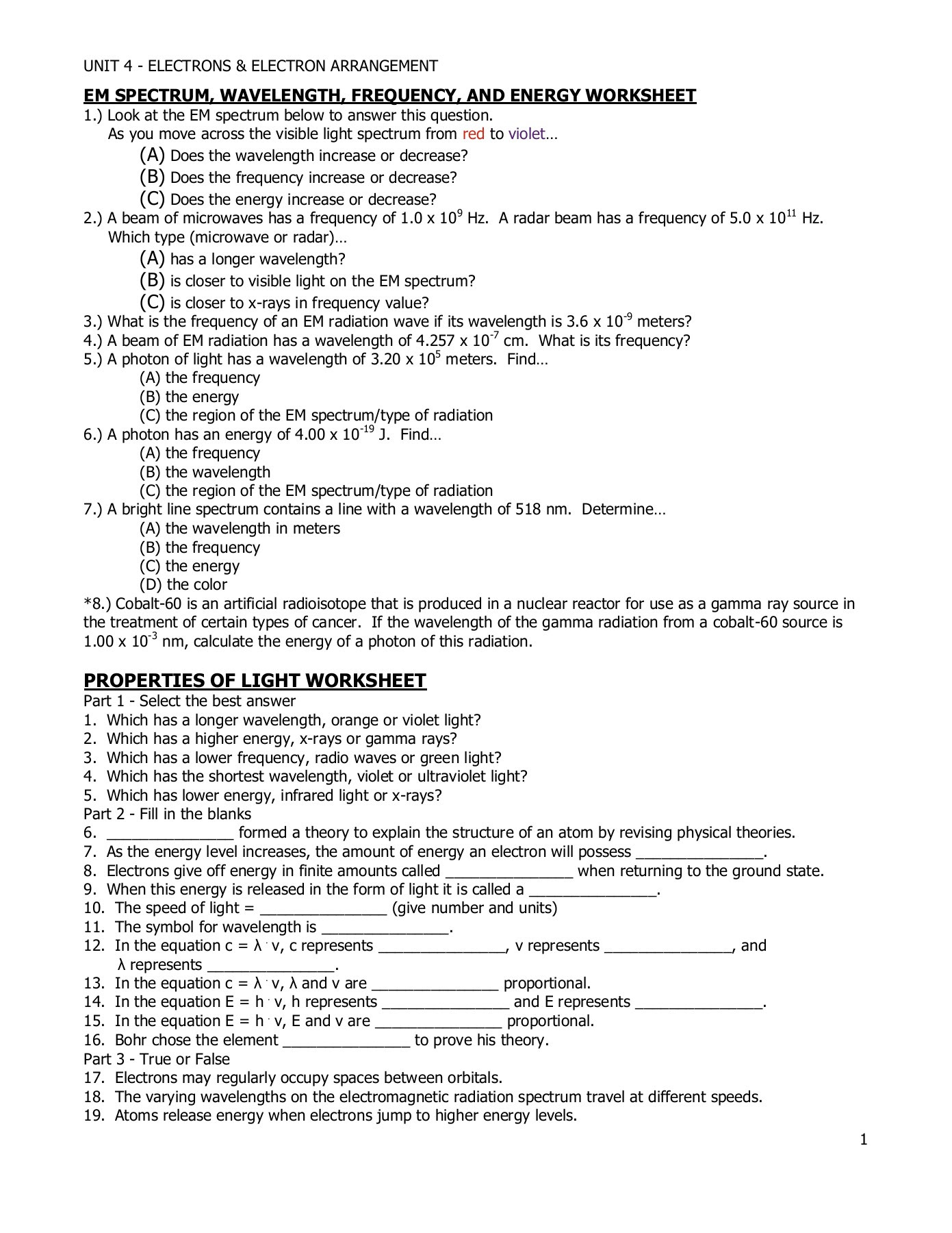 EM SPECTRUM, WAVELENGTH, FREQUENCY, AND ENERGY WORKSHEET-Flip ...