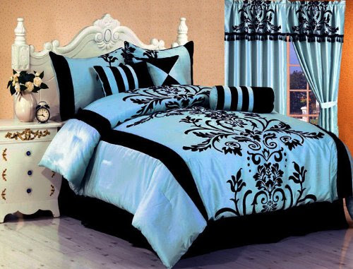 7Pcs Queen Nobility Aqua Blue and Black Comforter Set