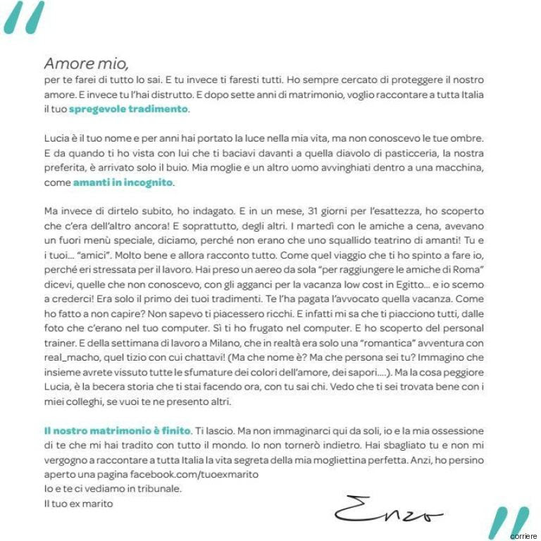 Marito tradito scrive una lettera alla moglie