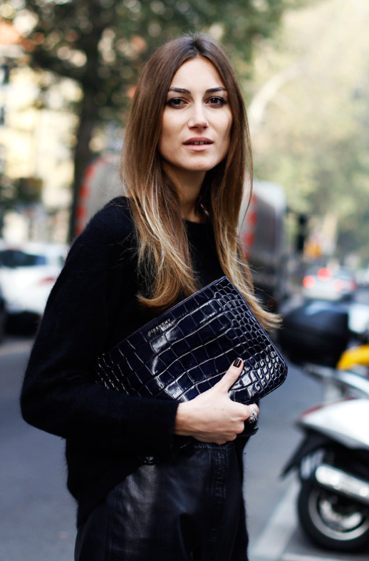 LE FASHION BLOG ITALIAN STREET STYLE GIORGIA TORDINI BY TAMU MCPHERSON FOR GRAZIA MOHAIR HM SWEATER LEATHER JOGGER PANTS GIVENCHY PATENT CROC CLUTCH MONGOLIAN FUR COAT RINGS WRAP SILVER BRACELET SMALL SHOULDER CROSS OVER BAG LONG HAIR BEAUTY