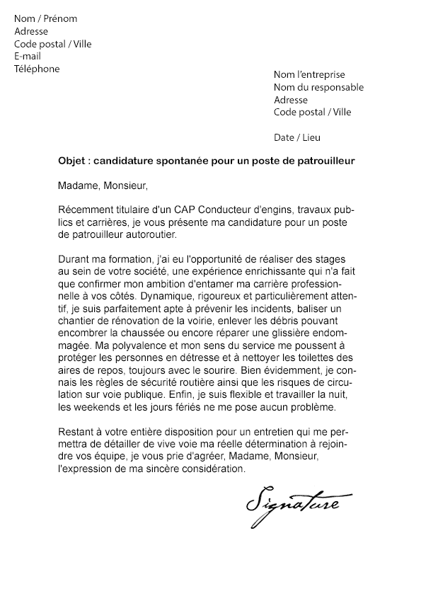 Lettre de motivation Patrouilleur (Autoroute) - Modèle de 