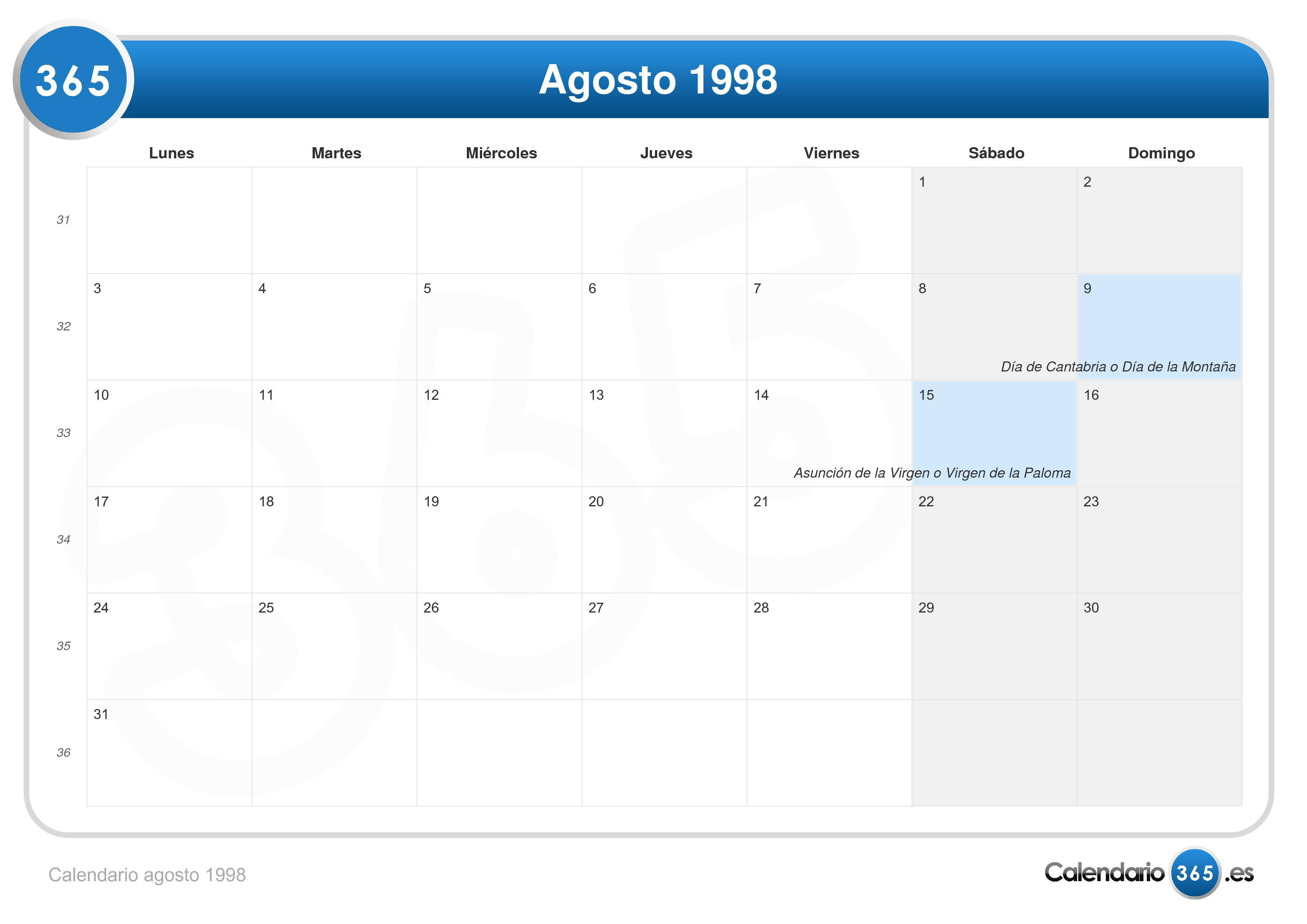 Calendario agosto 1998