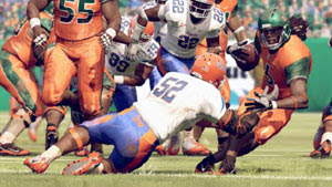 Runningback leaning away from a tackle in NCAA Football 12