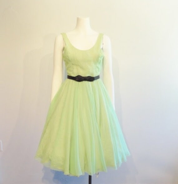 50s Party Dress Lime Green Full Skirt Chiffon Overlay Small XS Juniors ...