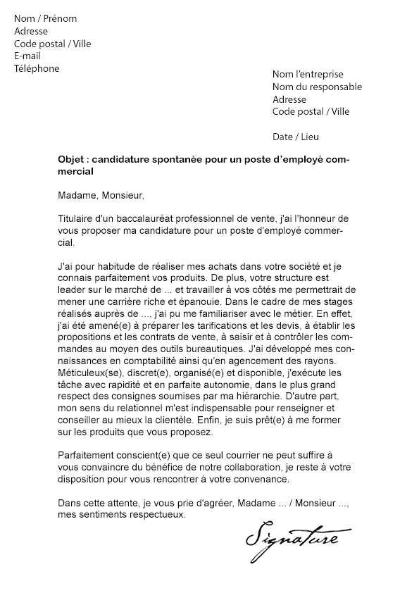 Lettre de motivation Employé commercial - Modèle de Lettre