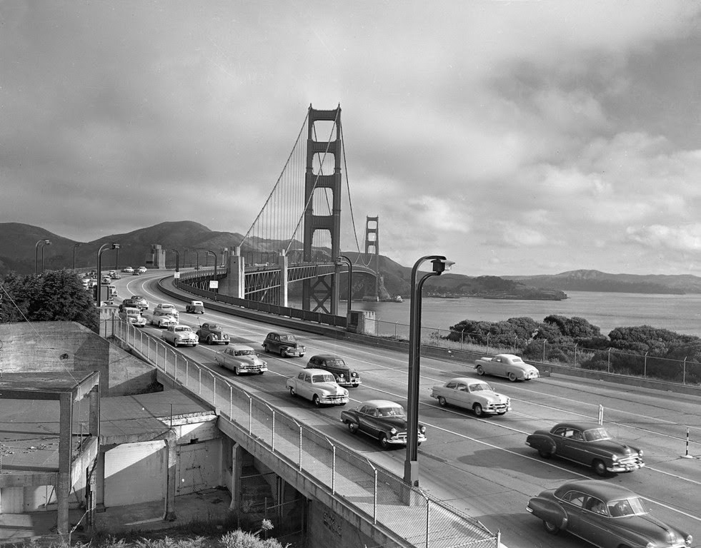 Description of . Motor traffic crosses the Golden Gate Bridge, Nov. 20, 1940, in San Francisco.  (AP Photo)