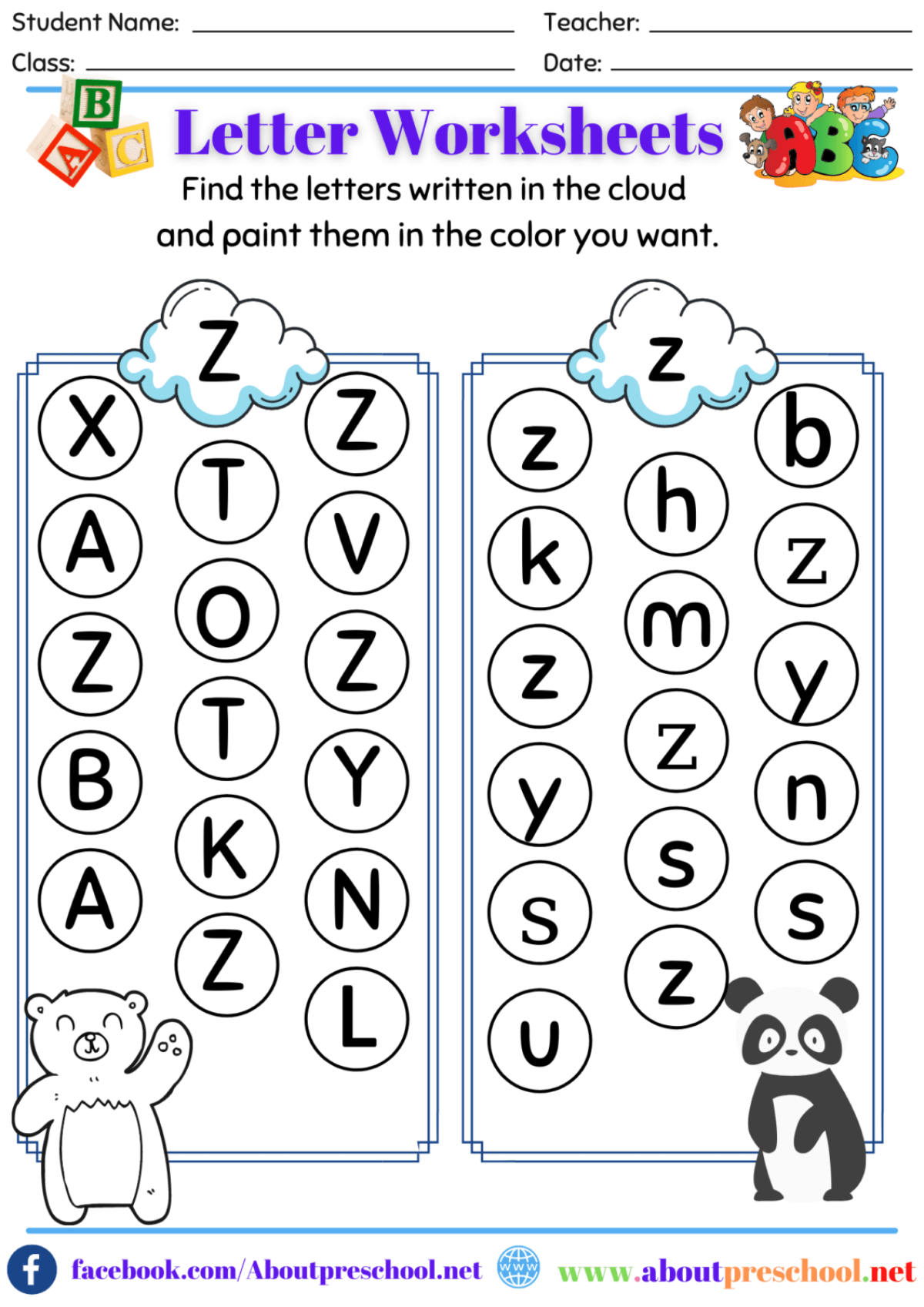 letter z worksheets about preschool