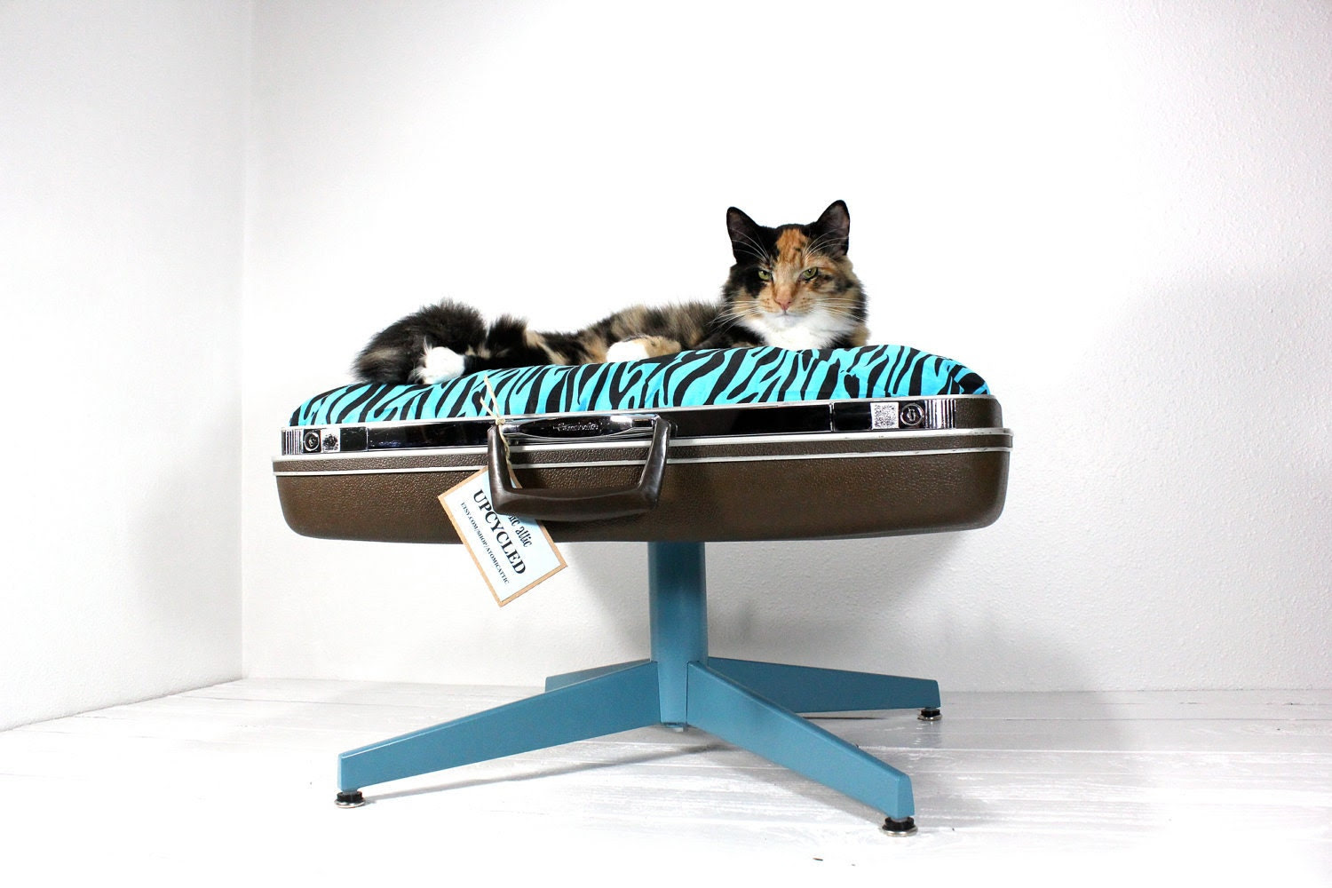 Upcycled Suitcase Pet Bed with Pedestal Base