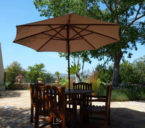 patio umbrella-9ft Wooden Market Umbrella with Pulley in Taupe Color