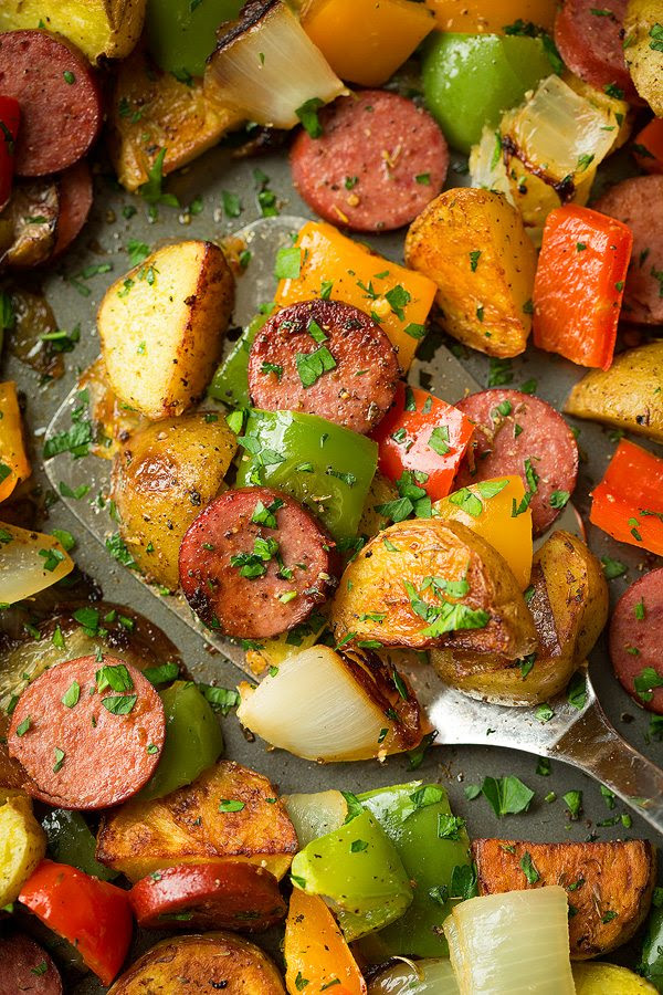 Sheet Pan Turkey Sausage Potato and Pepper Hash Cooking