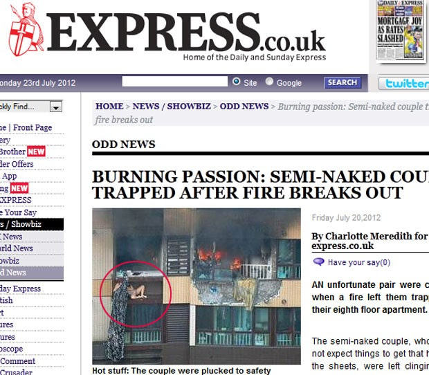 Casal foi resgatado de roupa íntima de prédio em chamas na China. (Foto: Reprodução)
